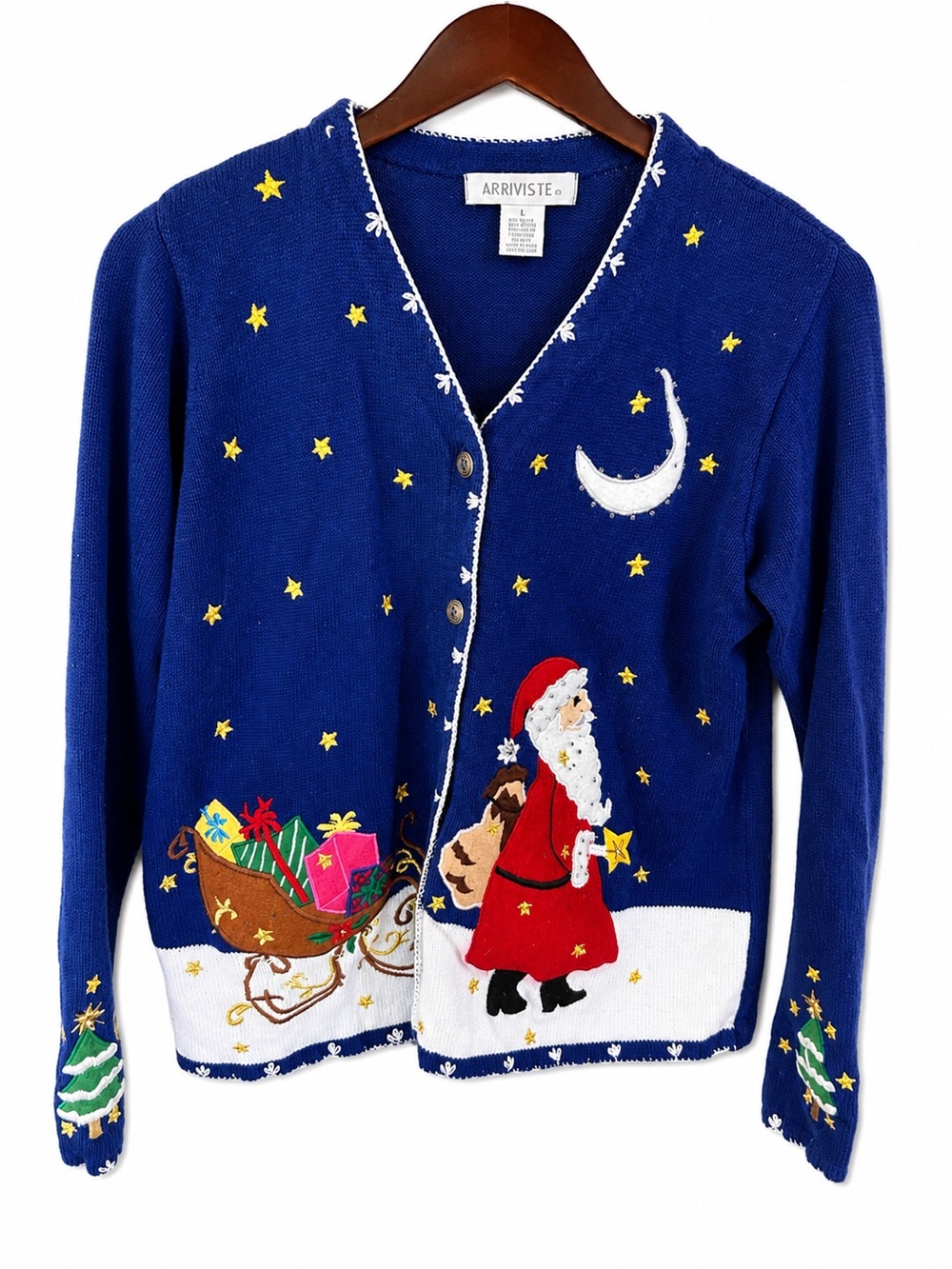 Vintage Arriviste Navy Blue Santa & Sleigh Embroidered Cardigan